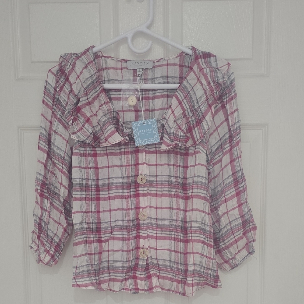 Hayden Red Plaid Ruffle Blouse Size Small